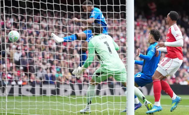 Bournemouth's Eli Junior Kroupi scores during the Premier League soccer match between Arsenal and Bournemouth in London, England Saturday, April 11, 2026. (AP Photo/Dave Shopland)