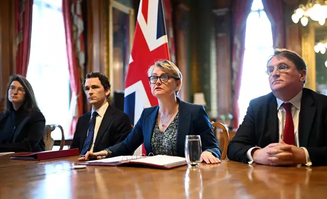 Britain's Foreign Secretary Yvette Cooper, second right, attends a virtual summit at the Foreign &amp; Commonwealth Office in London, on Thursday April 2, 2026, with around 35 countries to discuss ways of reopening the Strait of Hormuz. (Leon Neal/Pool Photo via AP)