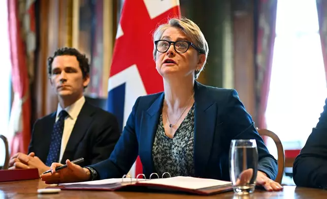 Britain's Foreign Secretary Yvette Cooper speaks during a virtual summit at the Foreign &amp; Commonwealth Office in London, on Thursday April 2, 2026, with around 35 countries to discuss ways of reopening the Strait of Hormuz. (Leon Neal/Pool Photo via AP)