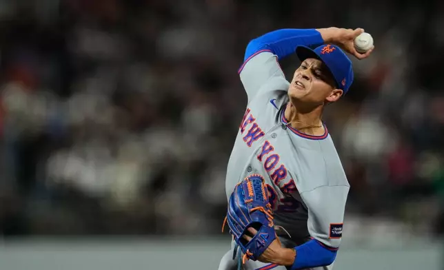 New York Mets pitcher Tobias Myers throws to a San Francisco Giants batter during the eighth inning of a baseball game Saturday, April 4, 2026, in San Francisco. (AP Photo/Godofredo A. Vásquez)