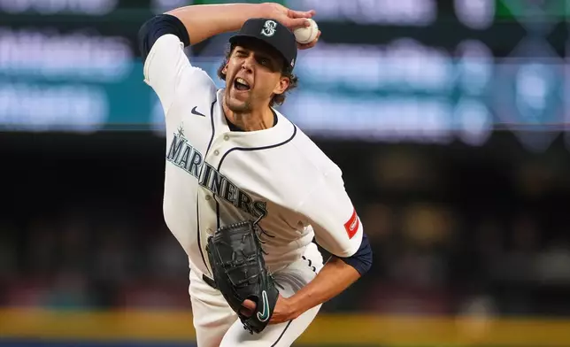 Seattle Mariners starting pitcher Logan Gilbert throws against the New York Yankees during the fourth inning of a baseball game, Tuesday, March 31, 2026, in Seattle. (AP Photo/Lindsey Wasson)