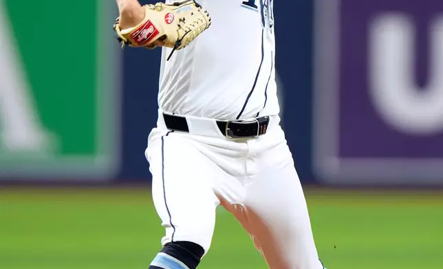Tampa Bay Rays' Shane McClanahan pitches to the Chicago Cubs during the first inning of a baseball game Monday, April 6, 2026, in St. Petersburg, Fla. (AP Photo/Chris O'Meara)