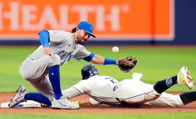 Tampa Bay Rays' Yandy Díaz (2) steals second base as Chicago Cubs shortstop Dansby Swanson (7) can't handle the throw during the first inning of a baseball game Monday, April 6, 2026, in St. Petersburg, Fla. (AP Photo/Chris O'Meara)
