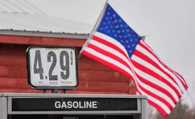 A sign shows the price of gas at a store, Tuesday, March 31, 2026, in Freeport, Maine. (AP Photo/Robert F. Bukaty)