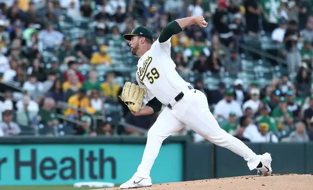 Athletics pitcher Jeffrey Springs throws to the Houston Astros during the first inning of a home-opener baseball game Friday, April 3, 2026, in West Sacramento, Calif. (AP Photo/Sara Nevis)
