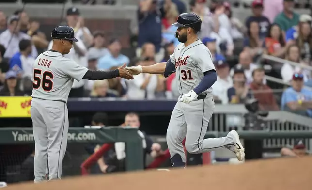 Detroit Tigers' Riley Greene (31) during the second inning of a baseball game Wednesday, Apr. 29, 2026, in Atlanta. (AP Photo/Brynn Anderson)