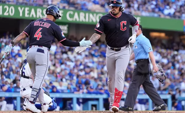 Cleveland Guardians' Gabriel Arias, right, is congratulated by Brayan Rocchio after hitting a solo home run during the third inning of a baseball game against the Los Angeles Dodgers, Wednesday, April 1, 2026, in Los Angeles. (AP Photo/Mark J. Terrill)