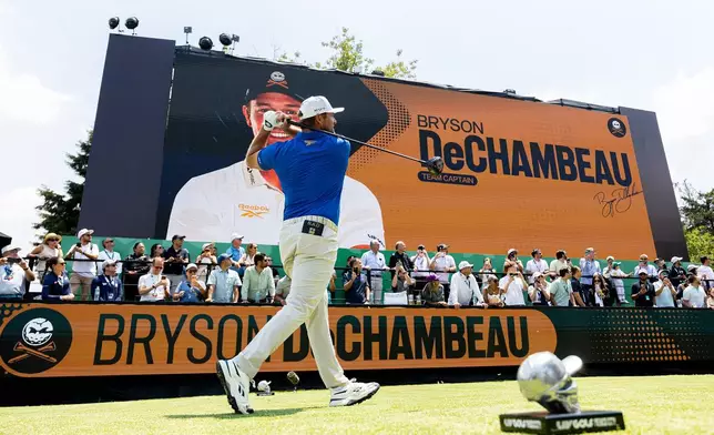 FILE - Captain Bryson DeChambeau of Crushers GC hits his shot from the first tee during the first round of LIV Golf Mexico City at Club de Golf Chapultepec on Thursday, April 16, 2026 in Naucalpan, Mexico. (Scott Taetsch/LIV Golf via AP, File)