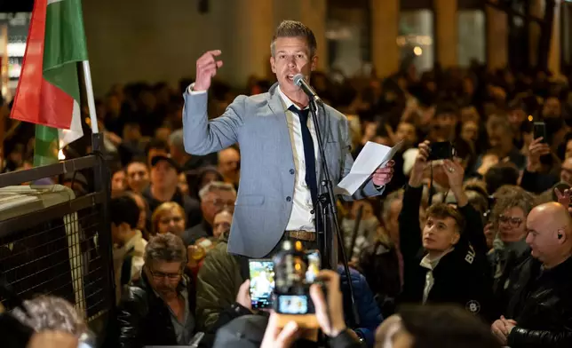 FILE - Former Hungarian government insider Peter Magyar gives a speech next tot Kossut Lajos Square on Tuesdy, in Budapest, Hungary, March 26, 2024. (AP Photo/Denes Erdos, File)