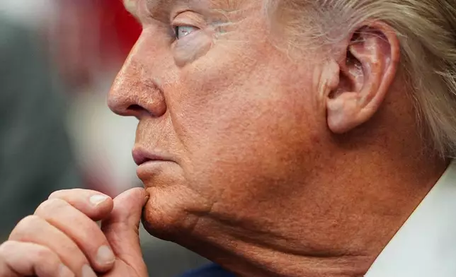 President Donald Trump speaks in the Oval Office of the White House, Saturday, April 18, 2026, in Washington. (AP Photo/Julia Demaree Nikhinson)