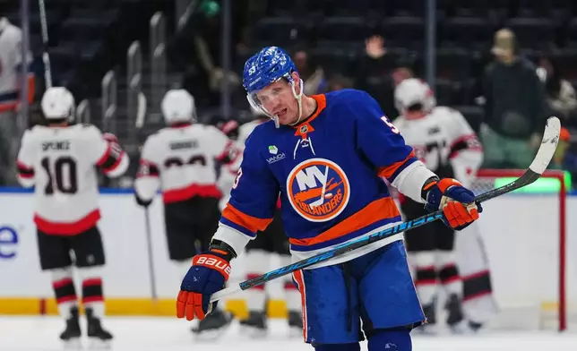 New York Islanders' Casey Cizikas (53) reacts after an NHL hockey game against the Ottawa Senators Saturday, April 11, 2026, in Elmont, N.Y. (AP Photo/Frank Franklin II)