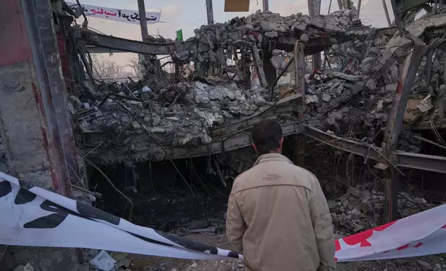 A man looks at a destroyed building within the Grand Hosseiniyeh complex that officials say was hit by U.S.-Israeli airstrikes Tuesday in Zanjan, Iran, Saturday, April 4, 2026. (AP Photo/Francisco Seco)