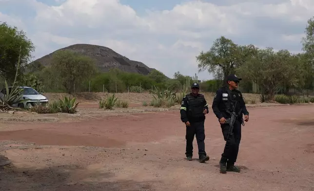 Police patrol the pyramids after authorities said a gunman opened fire in Teotihuacan, Mexico, Monday, April 20, 2026. (AP Photo/Eduardo Verdugo)