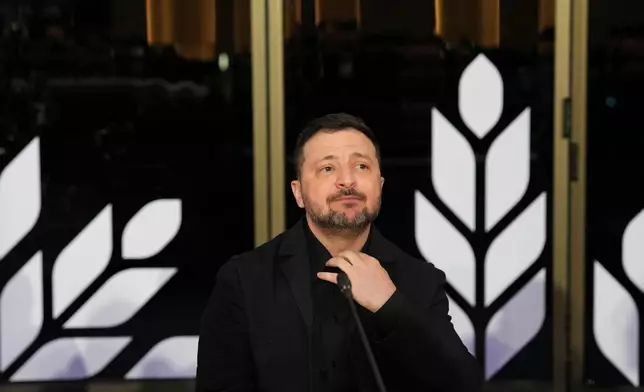 Ukraine's President Volodymyr Zelenskyy attends the EU Summit in Ayia Napa, Cyprus, Thursday, April 23, 2026. (AP Photo/Petros Karadjias)