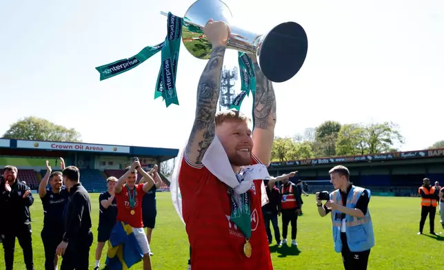 York City's Josh Stones after the National League soccer match between Rochdale and York City in Rochdale, England, Saturday April 25, 2026. (Cody Froggatt/PA via AP)