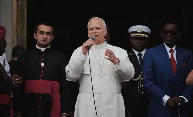 Pope Leo XIV delivers his speech upon his arrival at the Basilica of the Immaculate Conception of Mongomo, Equatorial Guinea, Wednesday, April 22, 2026, on the tenth day of his 11-day pastoral visit to Africa. (AP Photo/Andrew Medichini)