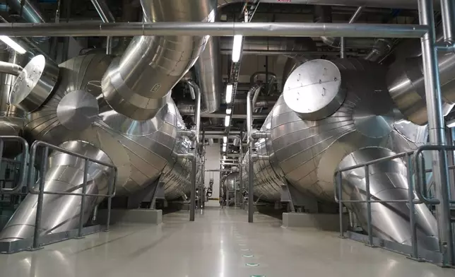 Piping photographed in Olkiluoto 3 (OL3), Europe's largest nuclear reactor, during a press tour on the island of Olkiluoto, Finland, Tuesday, Feb. 24, 2026. (AP Photo/James Brooks)