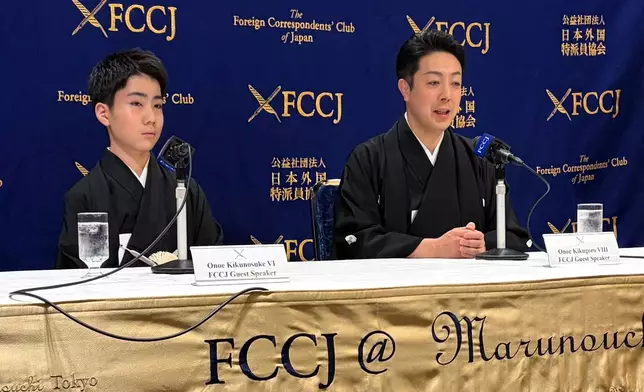 Kabuki actors, Kikunosuke Onoe, left, and the eighth Kikugoro Onoe, right, attend a press conference at the Foreign Correspondents's Club of Japan in Tokyo, Japan, on March 26, 2026. (AP Photo/Yuri Kageyama)