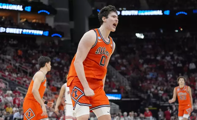 Illinois forward David Mirkovic (0) reacts during the second half against Houston in the Sweet 16 of the NCAA college basketball tournament Thursday, March 26, 2026, in Houston. (AP Photo/Ashley Landis)