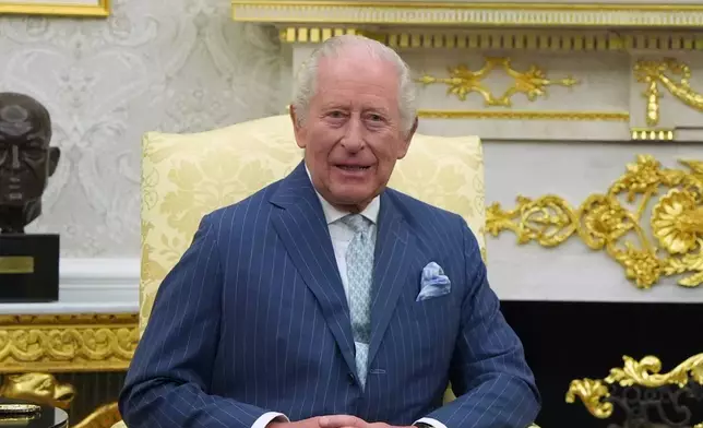 Britain's King Charles III meets with President Donald Trump in the Oval Office of the White House, Tuesday, April 28, 2026, in Washington, during a State Visit. (AP Photo/Alex Brandon)