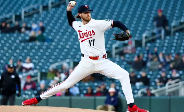Minnesota Twins pitcher Bailey Ober throws to the Detroit Tigers during the first inning of a baseball game Wednesday, April 8, 2026, in Minneapolis. (AP Photo/Ellen Schmidt)