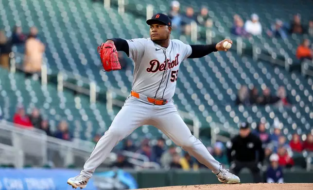 Detroit Tigers pitcher Framber Valdez throws to the Minnesota Twins during the first inning of a baseball game Wednesday, April 8, 2026, in Minneapolis. (AP Photo/Ellen Schmidt)