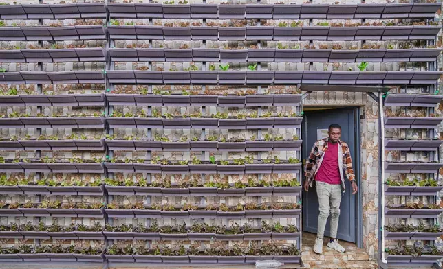 A vertical farm set up in a home compound by Eza Neza, or "Grow Well," which installs vertical farms in the city and describes them as scalable, in Kigali, Rwanda, March 18, 2026. (AP Photo/Brian Inganga)