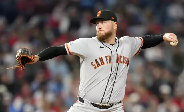 San Francisco Giants' Matt Gage pitches during the sixth inning of a baseball game against the Philadelphia Phillies Tuesday, April 28, 2026, in Philadelphia. (AP Photo/Matt Slocum)