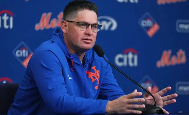 New York Mets manager Carlos Mendoza speaks during a news conference before a baseball game against the Arizona Diamondbacks Tuesday, April 7, 2026, in New York. (AP Photo/Frank Franklin II)