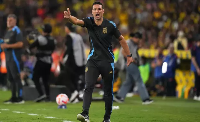 FILE - Argentina's coach Lionel Scaloni reacts during a World Cup 2026 qualifying soccer match against Ecuador at Banco Pichincha stadium in Guayaquil, Ecuador, Tuesday, Sept. 9, 2025. (AP Photo/Dolores Ochoa, File)