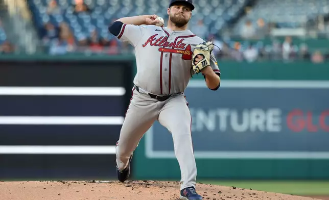 Atlanta Braves pitcher Bryce Elder throws during the first inning of a baseball game against the Washington Nationals, Monday, April 20, 2026, in Washington. (AP Photo/Daniel Kucin Jr.)
