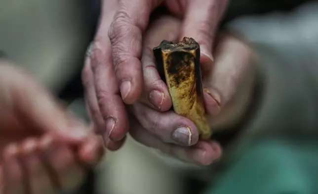 A hippopotamus's tooth is given to participants during a guided tour for people with dementia organized by Malteser Deutschland, part of the international Catholic aid organization Malteser Order of Malta, at the Zoo in Berlin, Germany, Thursday, March 26, 2026. (AP Photo/Markus Schreiber)