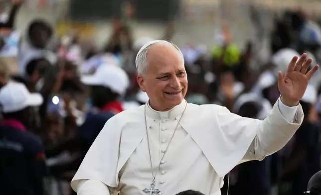 Pope Leo XIV arrives at the esplanade in front of the Sanctuary of Mama Muxima, in Muxima, Angola, Sunday, April 19, 2026. (AP Photo/Themba Hadebe)