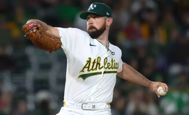Athletics pitcher Hogan Harris throws to a Texas Rangers batter during the sixth inning of a baseball game Wednesday, April 15, 2026, in West Sacramento, Calif. (AP Photo/Scott Marshall)