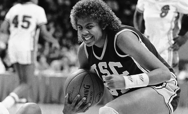 FILE - Southern California's Cheryl Miller reacts to a successful steal against the Georgia during the second half in the national semifinals of the NCAA women's college basketball tournament, Friday, April 2, 1983 in Norfolk, Va. (AP Photo/Bob Bryant, File)