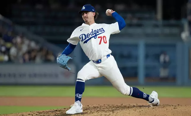 Los Angeles Dodgers starting pitcher Justin Wrobleski delivers during the third inning of a baseball game against the New York Mets in Los Angeles, Monday, April 13, 2026. (AP Photo/Kyusung Gong)