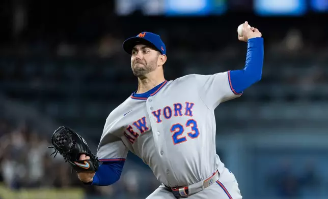 New York Mets starting pitcher David Peterson delivers during the third inning of a baseball game against the Los Angeles Dodgers in Los Angeles, Monday, April 13, 2026. (AP Photo/Kyusung Gong)
