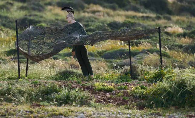 A crow sits on a the head of a mannequin with military clothing used as a decoy in northern Israel, on the border with Lebanon following a ceasefire between Israel and Hezbollah, Friday, April 17, 2026. (AP Photo/Ariel Schalit)