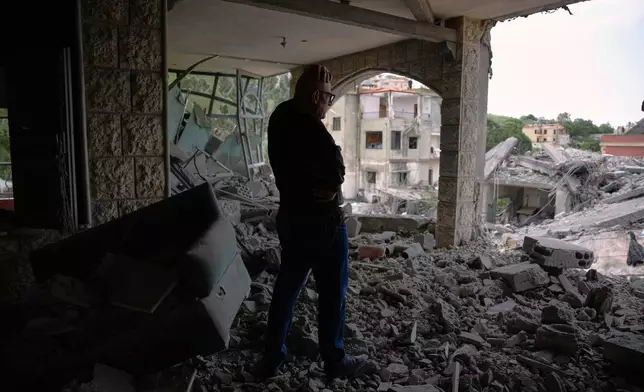 Assem Abdallah reacts as he enters his friend apartment destroyed in a Israeli airstrike in Kfar Roumman, southern Lebanon, Friday, April 17, 2026, following a ceasefire between Israel and Hezbollah. (AP Photo/Hassan Ammar)