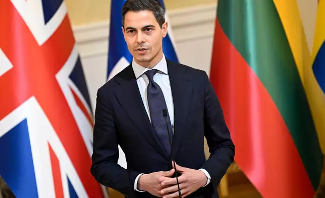Dutch Prime Minister Rob Jetten speaks during a statement prior to the Joint Expeditionary Force (JEF) Leaders' Summit in Helsinki, Finland Thursday, March 26, 2026. (Emmi Korhonen/Lehtikuva via AP)