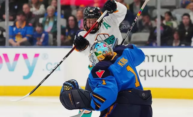 Toronto Sceptres goaltender Raygan Kirk (1) makes a save as New York Sirens' Sarah Fillier (10) tries to get her stick on the puck during first period PWHL hockey game in Toronto on Tuesday, April 21, 2026. (Frank Gunn/The Canadian Press via AP)