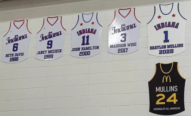 The McDonald's All-American and Indiana Mr. Basketball jersey of Braylon Mullins, who scored the game-winning basket for UConn in the Husky's Elite Eight win over Duke in the NCAA college basketball tournament, is displayed in Greenfield Central High School's gymnasium in Greenfield, Ind., Monday, March 30, 2026, following the Husky's Elite Eight win over Duke in the NCAA Tournament. (AP Photo/Mike Marot)