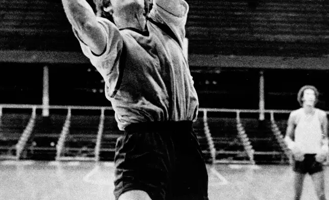 FILE - Ann Meyers drives during practice at the NBA rookie basketball camp for the Indiana Pacers in Indianapolis, Sept. 10, 1978. (AP Photo/File)