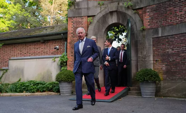 Britain's King Charles III departs the British Embassy, Monday, April 27, 2026, in Washington. (AP Photo/Julia Demaree Nikhinson, Pool)