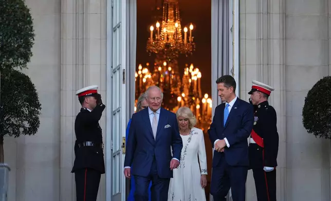 Britain's King Charles III and British Ambassador to the U.S. Christian Turner exit the British Embassy, Monday, April 27, 2026, in Washington. (AP Photo/Julia Demaree Nikhinson, Pool)