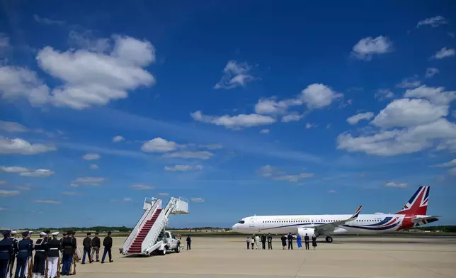 A flight carrying King Charles III and Queen Camilla arrives at Joint Base Andrews, Md., Monday, April 27, 2026. (AP Photo/Rod Lamkey, Jr.)