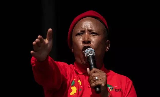 FILE - Julius Malema, the leader of Economic Freedom Fighters, addresses supporters during an election rally in Katlehong township, east of Johannesburg, Friday, Oct. 29, 2021. (AP Photo/Themba Hadebe, File)