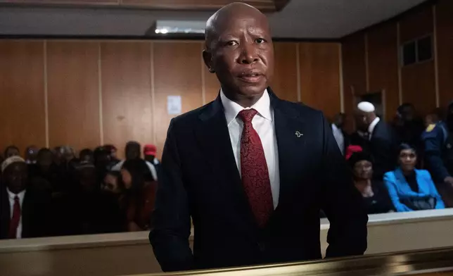 Julius Malema, Economic Freedom Fighters (EFF) party leader stands in the dock during his pre-sentencing hearing at court, East London, South Africa, Wednesday, April 15, 2026. (AP Photo/STR)