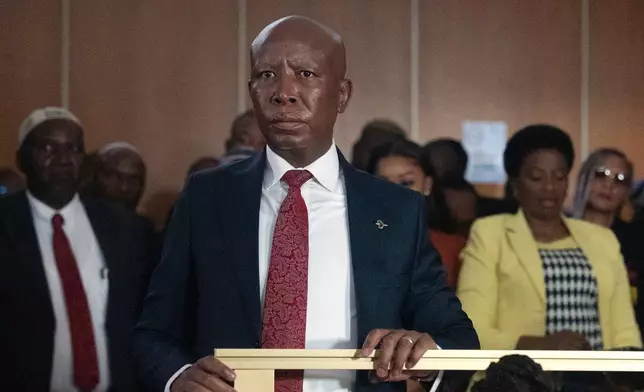 Julius Malema, Economic Freedom Fighters (EFF) party leader stands in the dock during his pre-sentencing hearing in court, East London, South Africa, Wednesday, April 15, 2026. (AP Photo/STR)