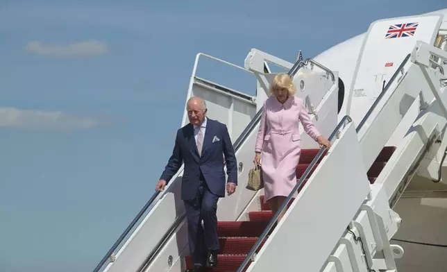 King Charles III and Queen Camilla arrive at Joint Base Andrews, Md., Monday, April 27, 2026. (AP Photo/Rod Lamkey, Jr.)